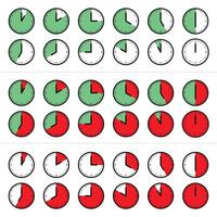Clock icon with parts hour set, Red and green stopwatch signs, Countdown timer symbols vector