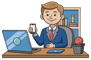 Corporate professional using a mobile phone for business tasks, with a laptop and office environment in the background vector