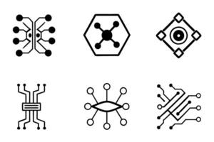 Futuristic circuit board design with glowing white lines and glowing blue elements, technology concept, high tech interface, abstract digital network connections tech line art icon set vector