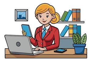 Businesswoman using a mobile smartphone while working at her desk with a laptop and a neat office background vector