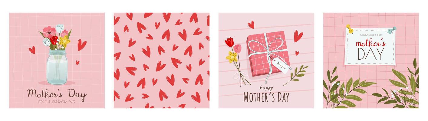 Set of festive square greeting cards, posters, social media posts. Happy Mother's Day concept. Bouquet of flowers, gift box, leaves, hearts pattern. Cute illustrations in flat style.