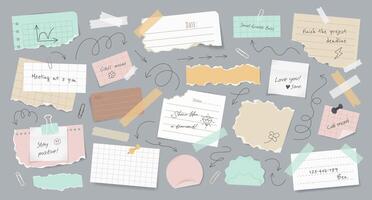Set of realistic torn paper notes, stickers, to do list, duct tapes, paper clips, doodle elements and arrows. Isolated multicolored sticky papers, reminders for mood boards, scrapbooking on background vector