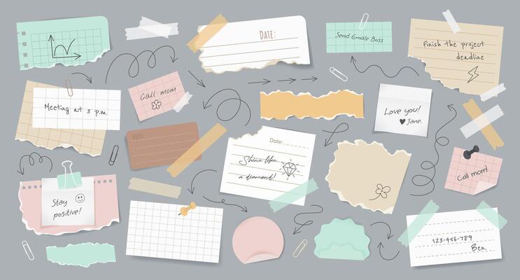 Set of realistic torn paper notes, stickers, to do list, duct tapes, paper clips, doodle elements and arrows. Isolated multicolored sticky papers, reminders for mood boards, scrapbooking on background