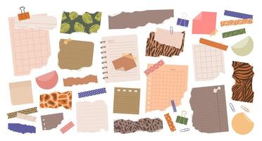 Set of various torn paper notes, stickers, to do list, notebook, duct and washi tapes, paper clips. Isolated flat sticky elements, reminders for mood boards, scrapbooking, collages on white. vector