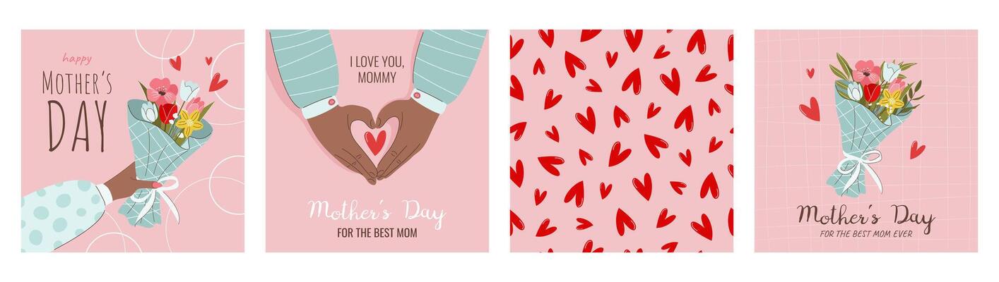 Set of festive square greeting cards, posters, social media posts. Happy Mother's Day concept. Bouquet of flowers, gift box, female hands, hearts pattern. Illustrations in flat style.