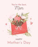 Happy Mother's Day concept. Festive vertical greeting card or poster. Envelope with herbs, carnations and bow. Cute grainy illustration with flowers, hearts and text in a flat style. vector