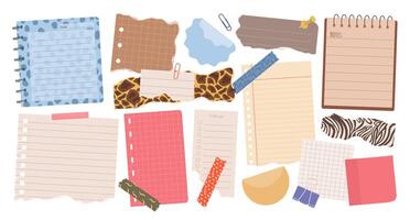 Set of various torn paper notes, stickers, to do list, notebook, duct tapes, paper clips. Isolated flat sticky elements, planners, reminders for mood boards, scrapbooking or collages. vector