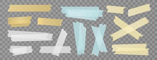 Set of isolated sticky stripes, duct tapes, adhesive notes, stickers. Transparent multicolored elements on background. Collection of papers for collages, office and school designs, reminders. vector