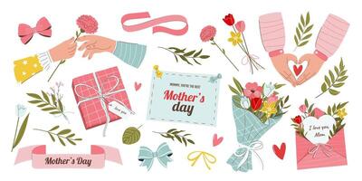 Happy Mother's Day. Various hand drawn clipart bundle. Set of cute flat illustrations. Isolated elements on white background. Objects for scrapbooking and collages. vector
