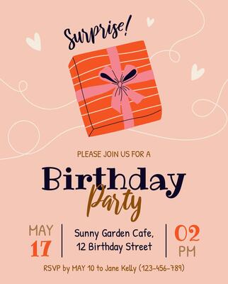 Birthday party invitation. Vertical template for celebration event. Patterned gift box with gift ribbon and hearts. Festive retro postcard, greeting card in flat style. Celebration concept.