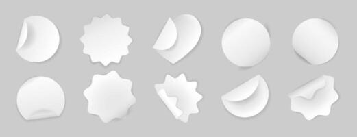 Set of realistic white stickers. Isolated blank paper sheets with curved and wavy edges on background. Different elements for notes, mockups, planners, journaling. Various badges, sticky notes. vector
