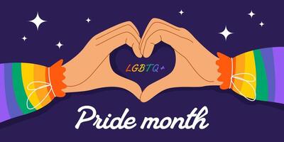 Happy Pride Month. Horizontal template for social media posts, banners, backgrounds. LGBTQIA. Hands showing heart sign. Simple design for festival parades, parties, and events. vector