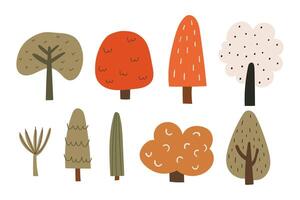 Set of simple autumn trees in naive doodle style. Hand drawn flat forest elements with different shapes and colors. illustration on an isolated background. vector