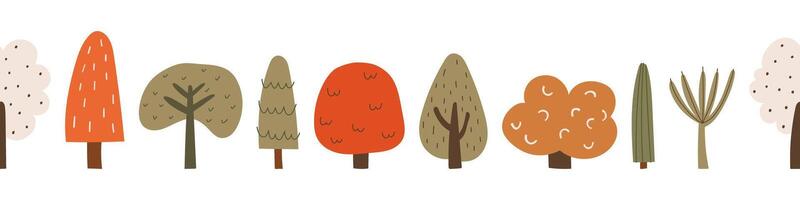 Seamless border with various simple trees in doodle style. Hand drawn autumn forest elements in naive design. illustration on an isolated background. vector