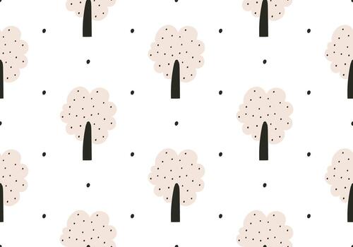 sin costura modelo con sencillo floreciente arboles y puntos en ingenuo garabatear estilo. mano dibujado plano diseño con suave pastel tonos ilustración en un aislado antecedentes. vector