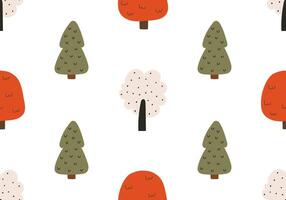 Seamless pattern with simple autumn trees in doodle style. Hand drawn flat forest elements with naive design. illustration on an isolated background. vector