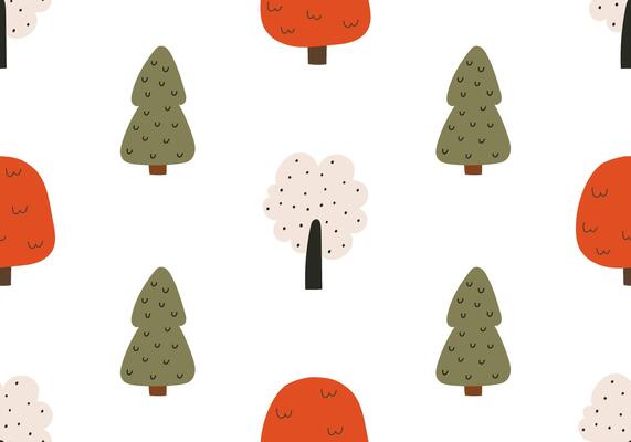 Seamless pattern with simple autumn trees in doodle style. Hand drawn flat forest elements with naive design. illustration on an isolated background.