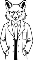 Cleaver Fox Doctor or Lab Scientist Cartoon Character in White Coat. fox wearing lab coat line art. clip art. vector