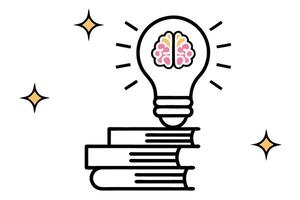 Glowing lightbulb with neon pink brain inside, inspiring intelligence and creative thinking, illuminated with books at the base, representing knowledge and ideas tech line art icon set vector