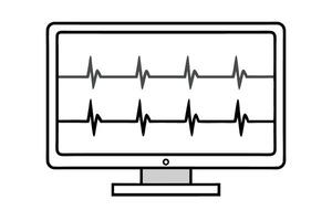 Medical icon set showing ECG monitor with beeping trace line on display for healthcare purposes vector