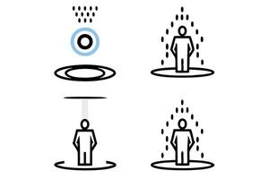 Futuristic technology concept with a glowing blue circular holographic platform showcasing a person in a glowing digital environment, 3D interface, tech line art icon set vector
