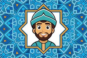Cartoon character of a smiling Arabian man in traditional attire, set against a geometric blue and gold patterned background, ideal for cultural themes vector