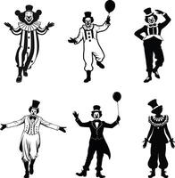 Set of Circus and Party Clown Silhouettes Featuring Funny Performers, Comedy Acts, Juggling, Balloon Artists, and Festive Entertainment Characters vector