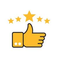 Five Star Rating And Thumbs Up Icon For Business Customer Satisfaction And Quality Evaluation Feedback On White Background vector