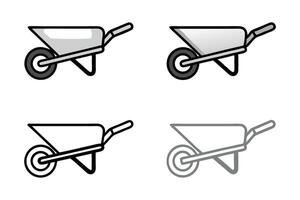 wheelbarrow icons in simple outlines, reflecting construction, gardening tools, and outdoor work, all variations depicted, labour day or labor day line art icon set vector