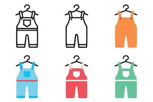 overalls with hanger for kids or adults, featuring yellow, blue, green, red, and orange overalls in different styles, illustrated with line art Labour day or labor day line art icon set vector