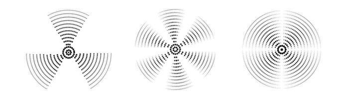 A set of black sound wave rings, of interrupted lines and dots Rings with radial lines. Target icon epicenter. Concentric vortex circles. illustration vector