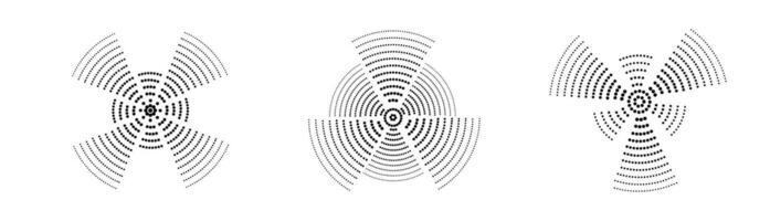 A set of black sound wave rings, of interrupted lines and dots . Rings with radial lines Target icon, epicenter. Concentric vortex circles. illustration vector