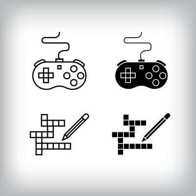 Hobby entertainment design with console game and word find. Simple linear and flat activity icon set.