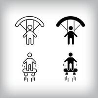 Hobby entertainment design with parachute sport and flyboard. Simple linear and flat activity icon set. vector
