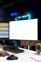 Photographer using advanced photo editing software on isolated screen monitor to make improvement to images quality. Photo editor utilizing specialized photographs retouching application on mockup PC