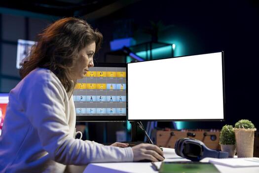 Photographer enhancing images quality using isolated screen display, correcting flaws and adjusting contrast. Photo editor using retouching software on mockup PC to edit photographs
