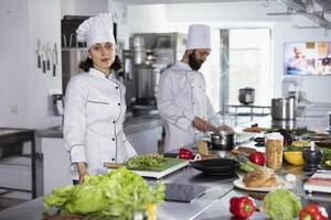 Culinary professional creating gourmet meals with kitchen tools and fresh produce, working in a restaurant kitchen with coworkers. Cooking on the stove, and carefully following recipes. photo