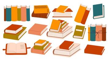 Set of different colored hand drawn books open and closed. Educational and school subjects. Literature and knowledge conceptual stickers vector