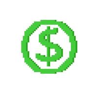 Green dollar coin in pixel art style. 8-bit game graphic. Retro gaming, finance, or technology illustration vector