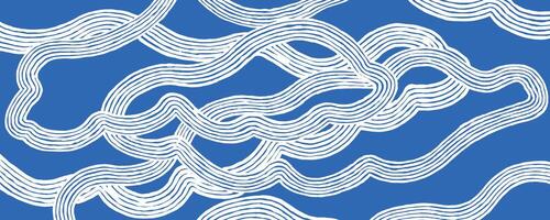 Hand drawn brush line abstract clouds background in white and blue, Japanese and ethnic folk wood carving, block print texture pattern, simple graphic for textile, carpet vector