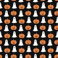 A seamless pattern with Halloween pumpkins and ghosts on black background vector