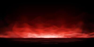Realistic red smoke or haze with overlay effect on black background. Hot fiery mist or magical vapor rising from floor. Abstract illustration of atmospheric fog or burning steam. vector
