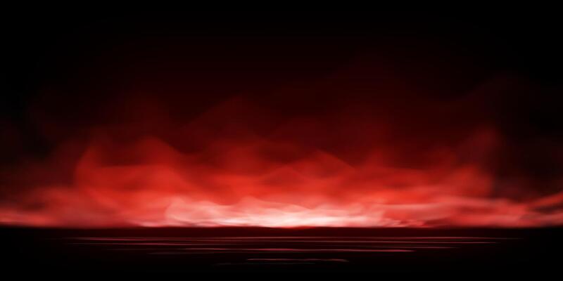 Realistic red smoke or haze with overlay effect on black background. Hot fiery mist or magical vapor rising from floor. Abstract illustration of atmospheric fog or burning steam.