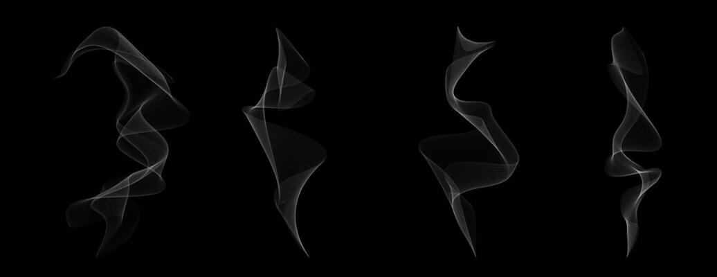 Realistic smoke and steam set on black background. White vapor trails from coffee, tea, food or fire. Detailed 3D elements for warm design, explosion, cigar or BBQ effect.