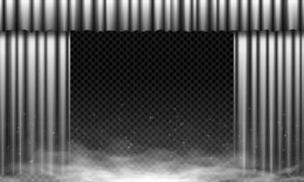 Vintage open black stage curtain with sparkles, fog and light effect. Elegant retro velvet drapery background. Perfect for theater, movie premiere or award presentation bg. vector