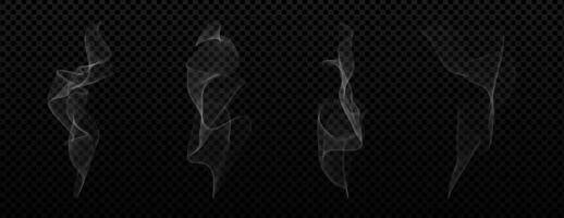 Realistic collection of smoke, fog and steam effects on black background. Flowing white vapour from hot drinks, fire, food or hookah. Smooth curves, aroma and motion for abstract design. vector