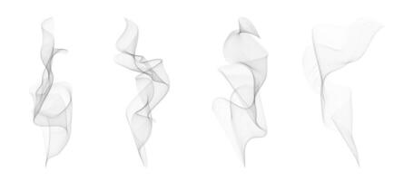Set of realistic wavy smoke or steam from hot food and drinks. design elements of smog or fog isolated on white background. Soft vapor effect for culinary or atmospheric visuals. vector