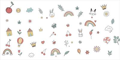 Cute kid scribble line background. Hand drawn doodle sketch childish element set. Flower, heart, cloud children draw style design elements background vector