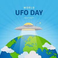 World Unidentified Object Day July 02nd with UFO and globe illustration on sunburst background vector
