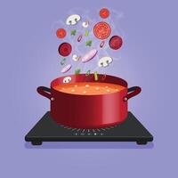 Flavorful Fusion , A red pot of simmering soup on an induction stove. Ingredients like tomatoes, onions, mushrooms, shrimp, and herbs float mid-air, symbolizing the magic of culinary creation. vector